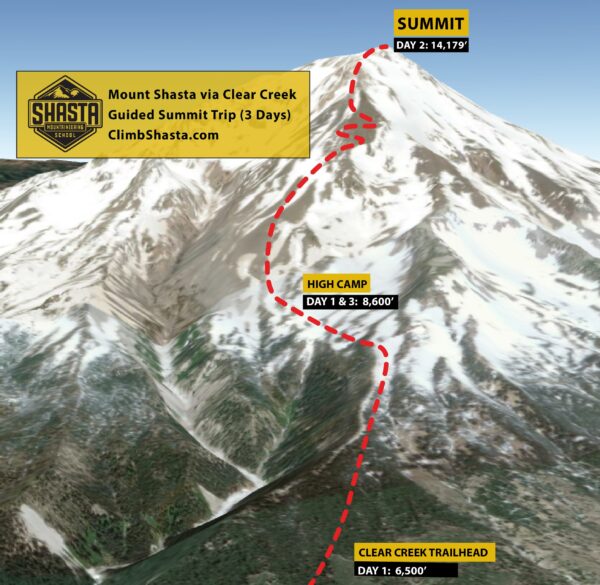 A graphic of the route you will take on a summit hike of Mt Shasta via the Clear Creek route with Shasta Mountaineering School.