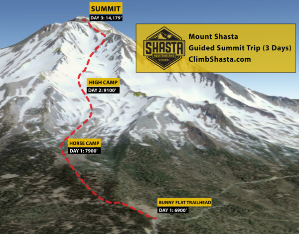 The route for the 3-day Mt Shasta Summit Climb