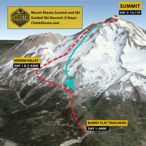 The route we'll take on our Mt Shasta Summit Ski Descent