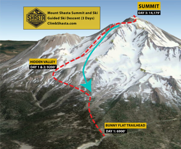 The route we'll take on our Mt Shasta Summit Ski Descent