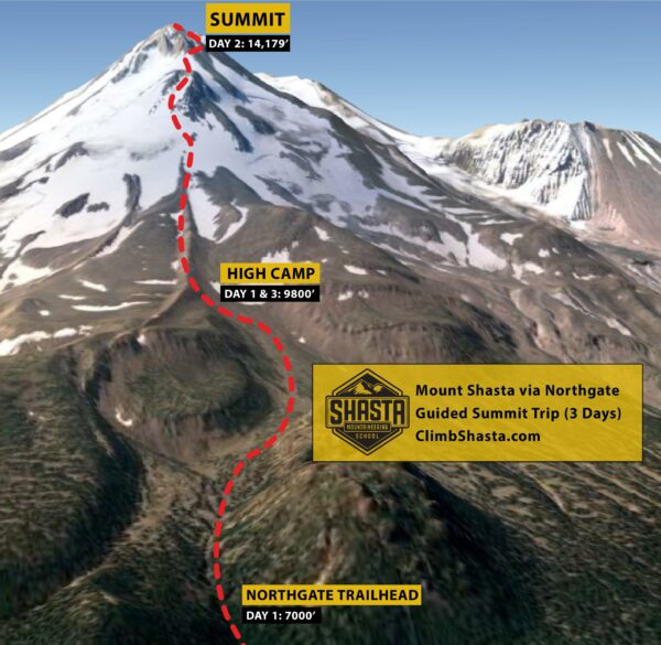 A graphic of the route up Mt Shasta's Hotlum Bolam Ridge