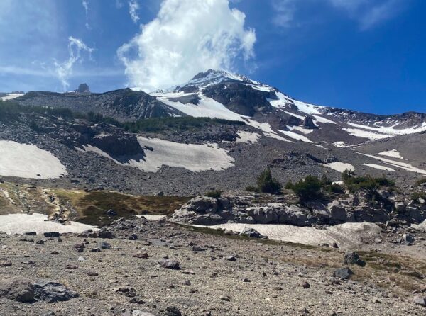 Looking up the route from base camp on a summit hike of Mt Shasta via the Clear Creek route!